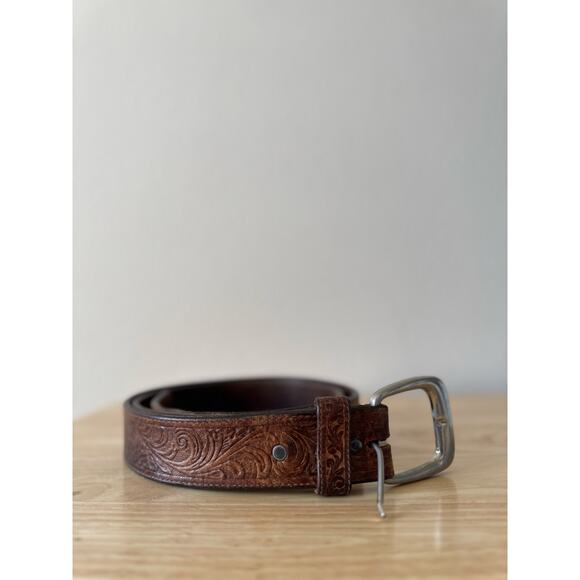 Silver Creek Classics Mens Brown Leather Tooled Belt Silver Buckle Size 42 - Picture 2 of 15